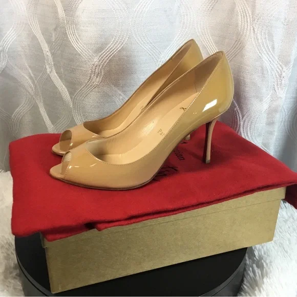 Christian Louboutin Beige Patent Peep-Toe Pumps - Picture 3 of 15